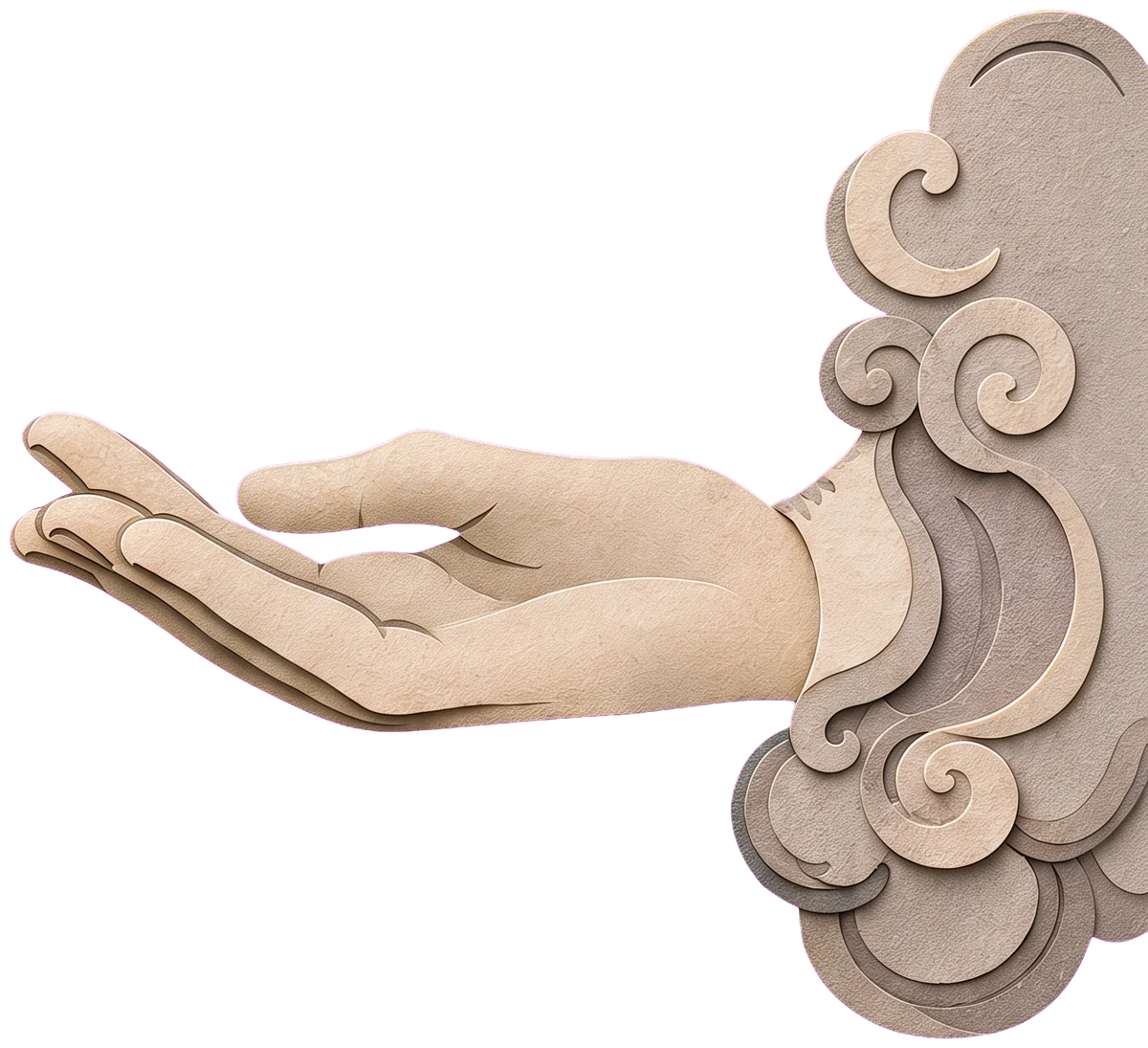 A pale open hand reaching out of a grey swirling cloud on the right, holding the golden cup on its palm, with a soft glow behind the fingers
