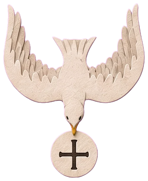 A white paper dove with spread wings diving down, a round white wafer marked with a cross in its beak