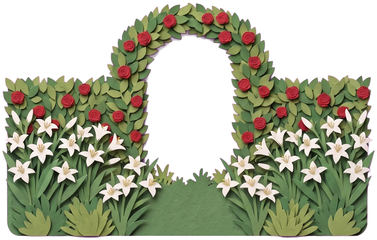 A low bed of white lilies and red roses among green leaves at the bottom of the card