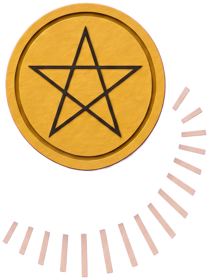 A large golden coin with a five-pointed star, resting on an open palm against a lilac sky
