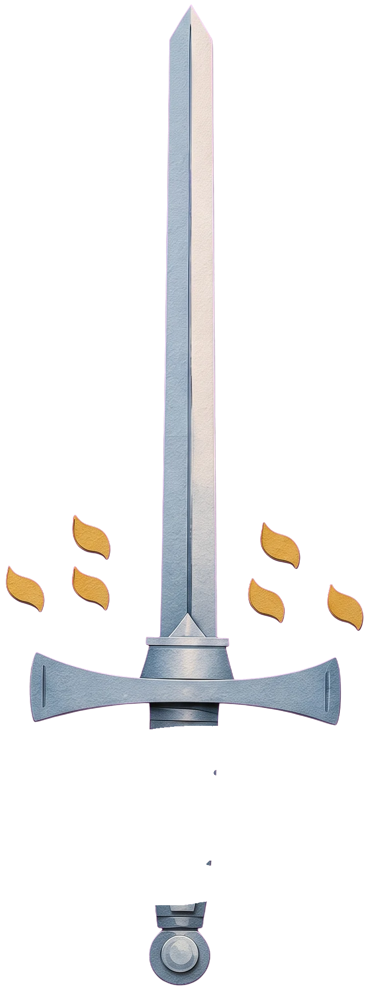 A gold crown set with red stones circling the tip of a pale blue sword, with green branches hanging from it