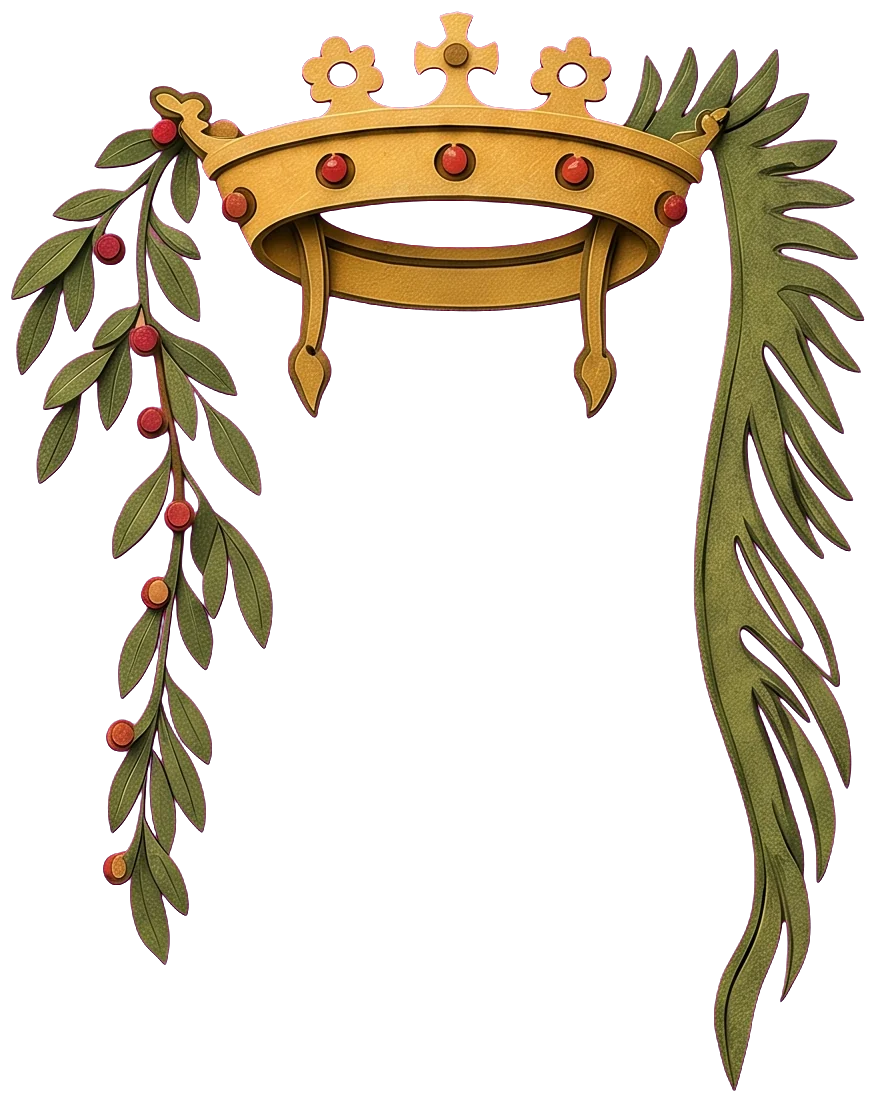 An olive branch with red berries on the left and a long palm frond on the right hanging from the crown, with small gold drops falling beside the blade