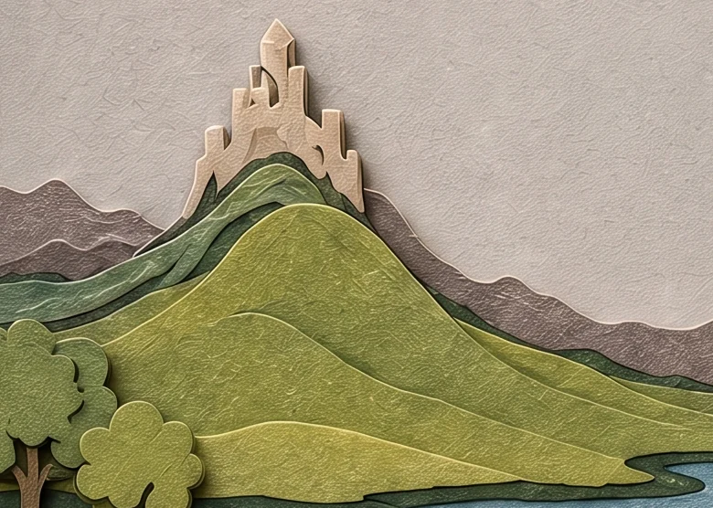 Green rolling hills with a pale castle on a peak, grey mountains behind and a blue river below