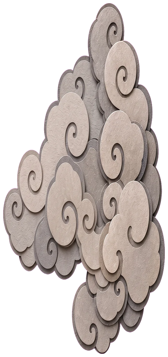 A tall grey paper cloud with curling spirals, from which the hand comes out