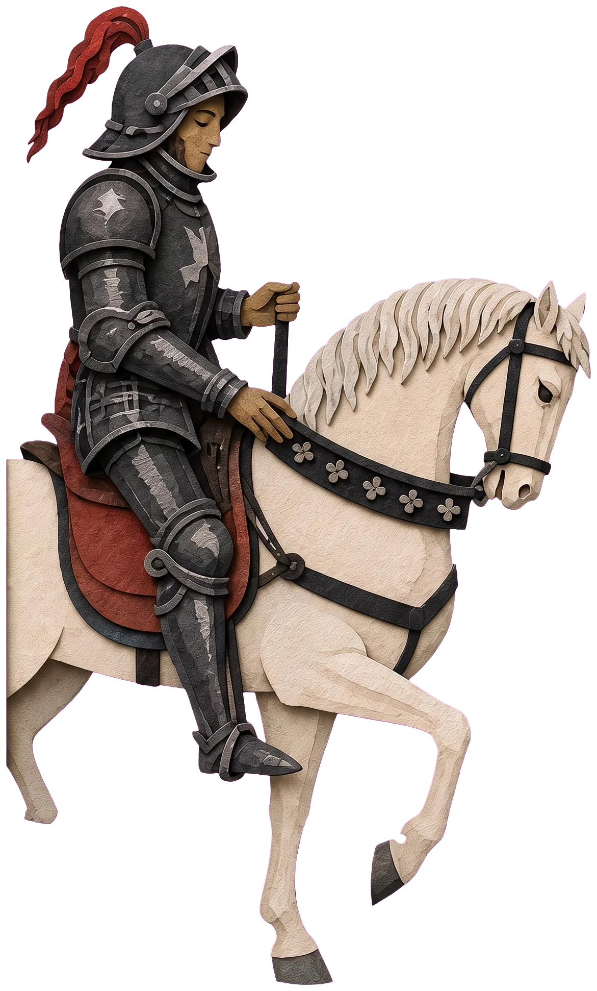 A rider in black armour and a helmet with a red plume, sitting on a white horse and holding the banner pole.