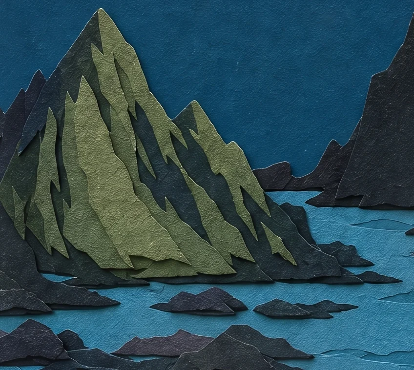 Steep green and dark mountains above an inlet of blue water with dark rocks