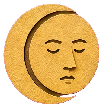 A gold full moon with a sleeping face and a crescent along its edge, in a deep blue night sky