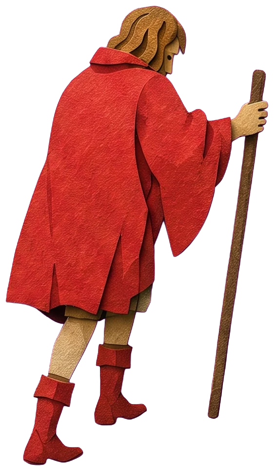 A man in a red cloak and red boots, seen from behind, climbs the rocks with a wooden staff, head bowed