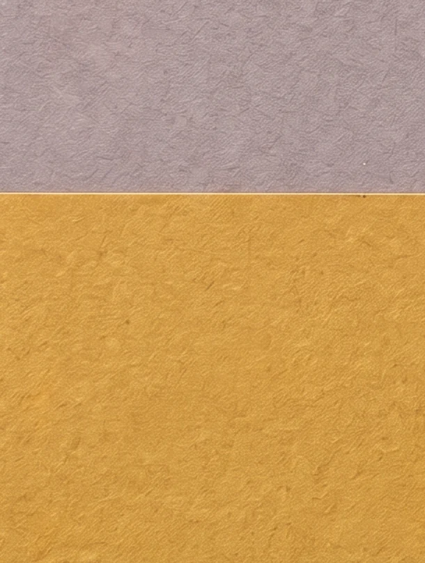A plain lilac-grey wall meeting a yellow floor, with the end of a wooden bench and a golden pentacle lying on the floor