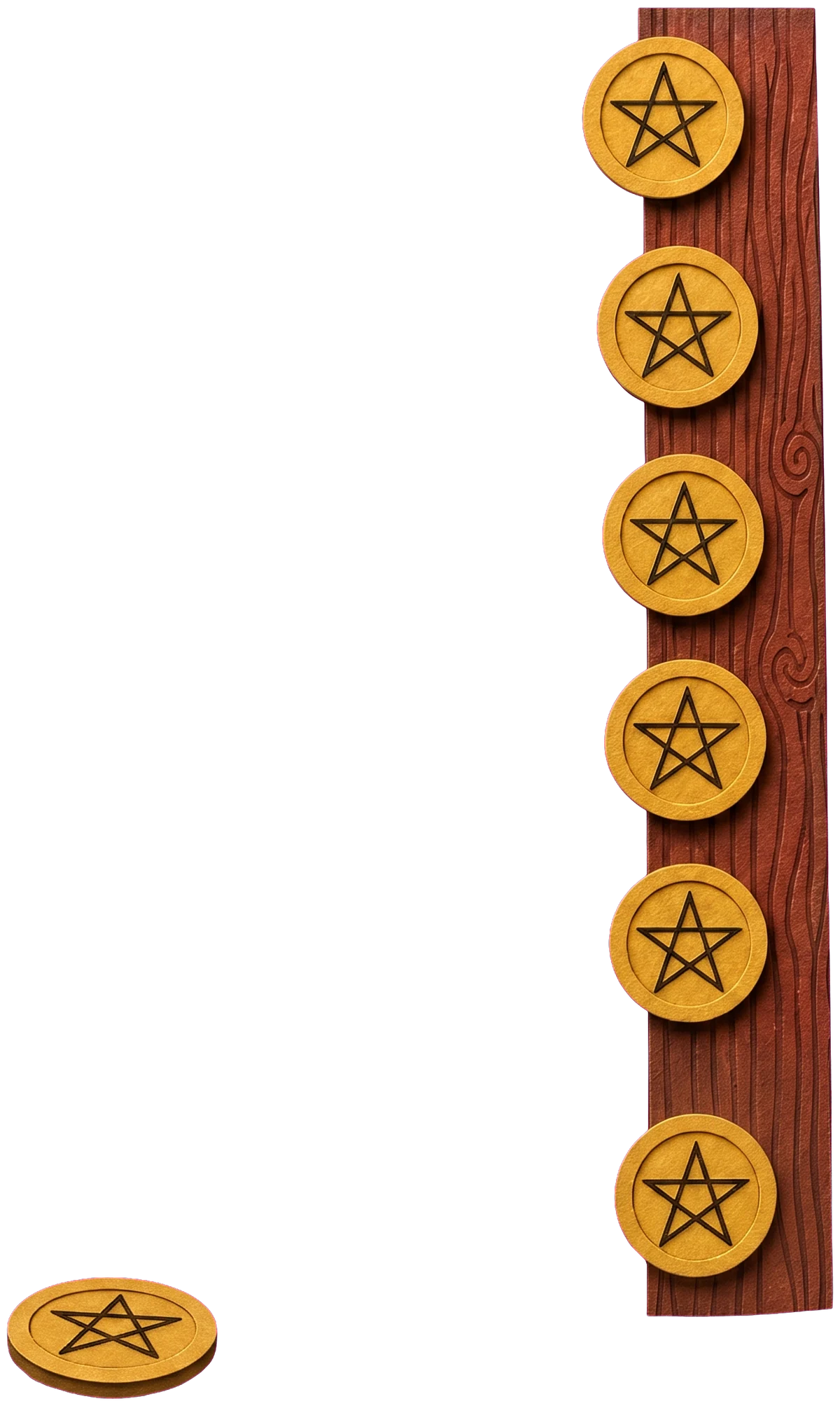Three gold discs, each marked with a star, hung one above another on a red-brown wooden post