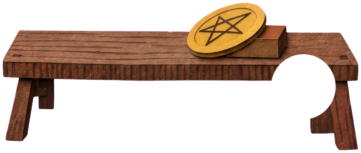 A rough wooden bench, the craftsman's red stockings and brown shoes, and a gold disc lying on the yellow floor