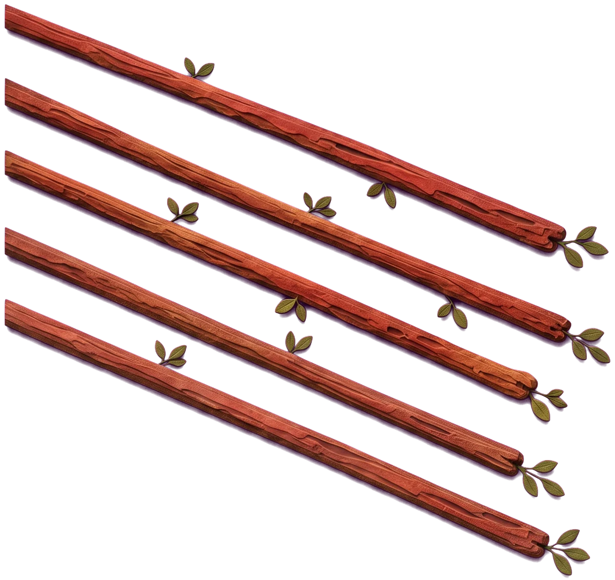 Four long red-brown wands with small green leaves fly diagonally across a pale blue sky