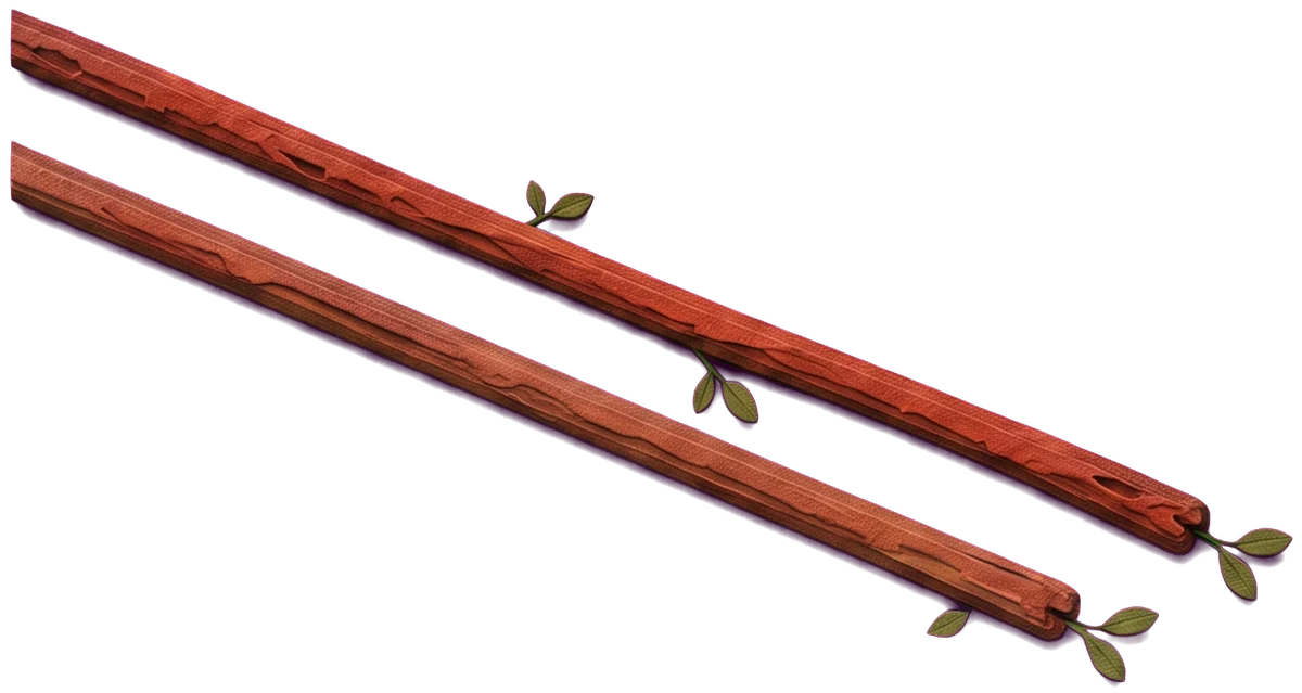 The tips of the two lowest wands slanting down toward the green hills at the bottom right