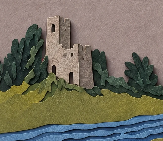 A small grey stone tower among dark green trees on a hill, with a blue river running in front of it