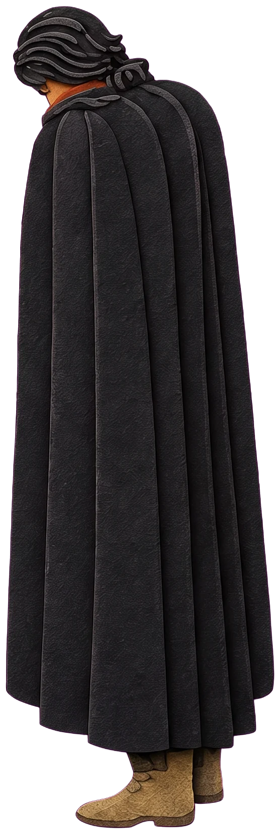 A figure in a long black cloak seen from the side and behind, head bowed, dark hair hiding the face