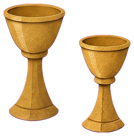 Two golden cups standing upright on the ground at the bottom right, one behind the other