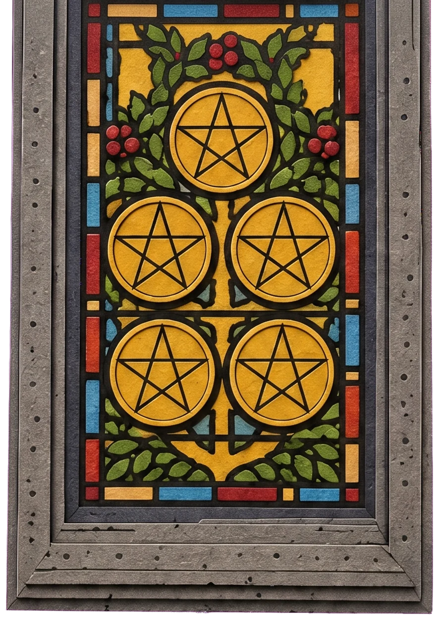 A tall stained-glass window in a grey stone frame, glowing yellow with five pentacles among green leaves and red berries