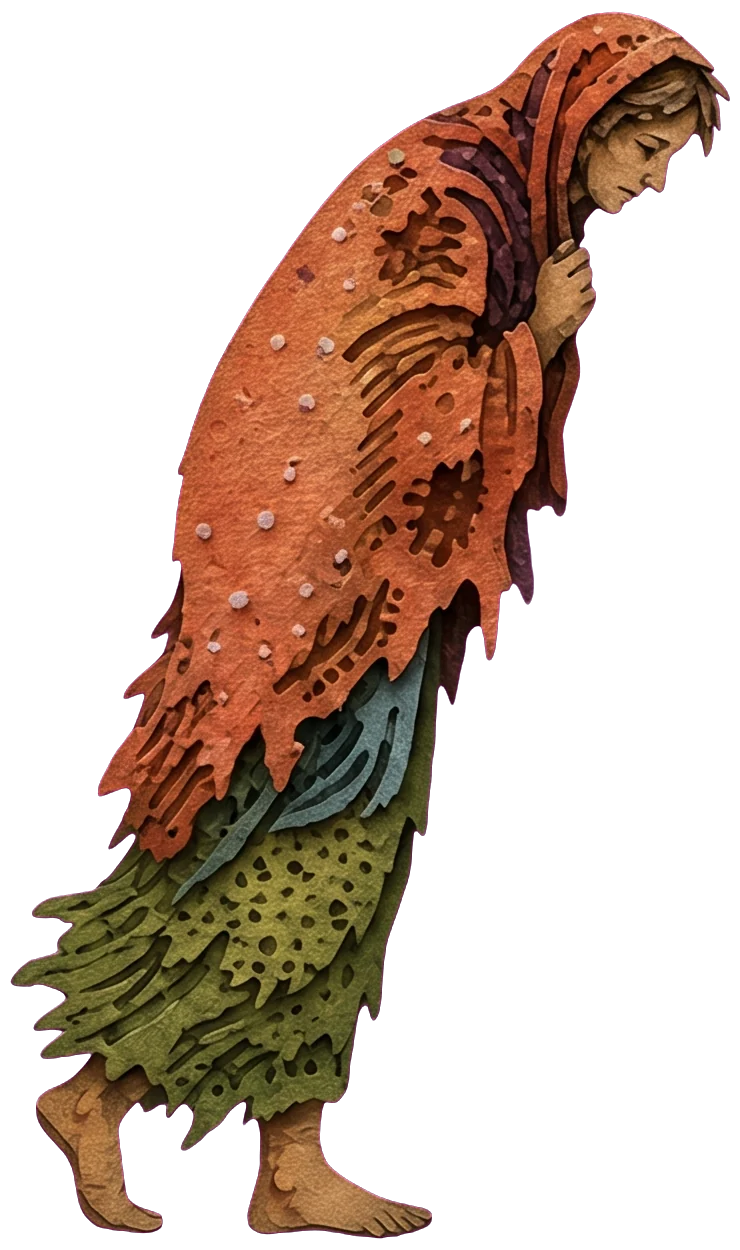 A barefoot woman with her head bowed, wrapped in a ragged orange shawl dusted with snow