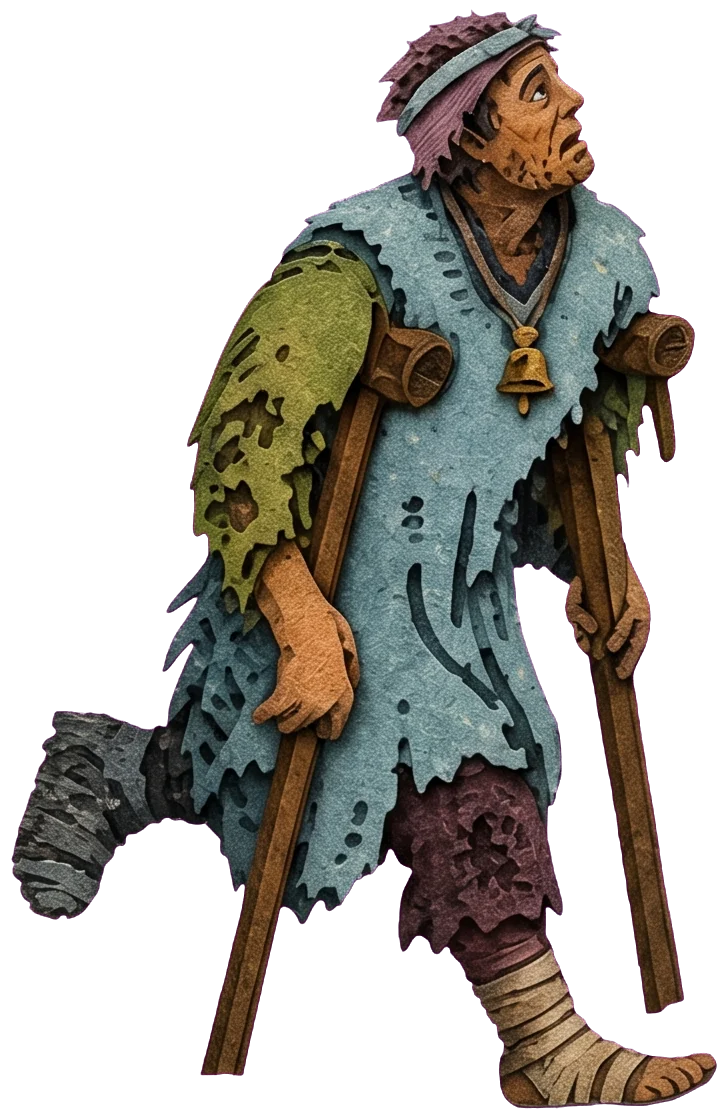 A man in a torn blue tunic on two wooden crutches, one foot bandaged, a small bell around his neck, looking up