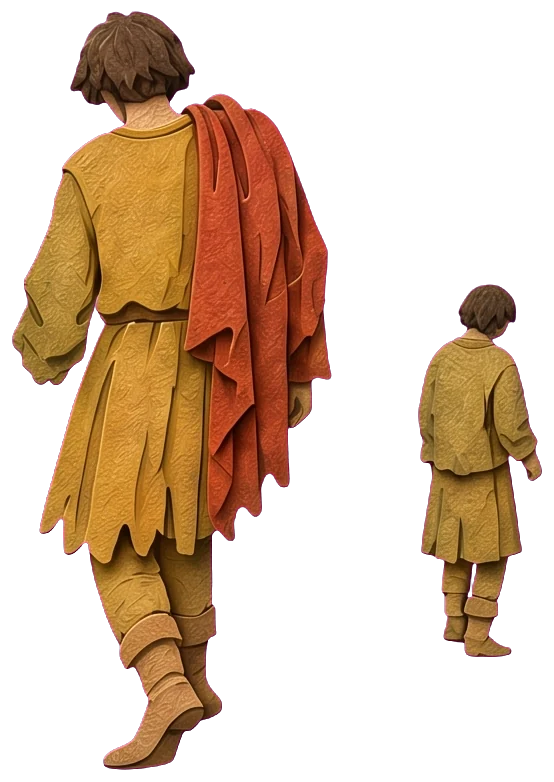 Two figures in yellow tunics walking away toward the sea, one with an orange cloak, their heads bowed