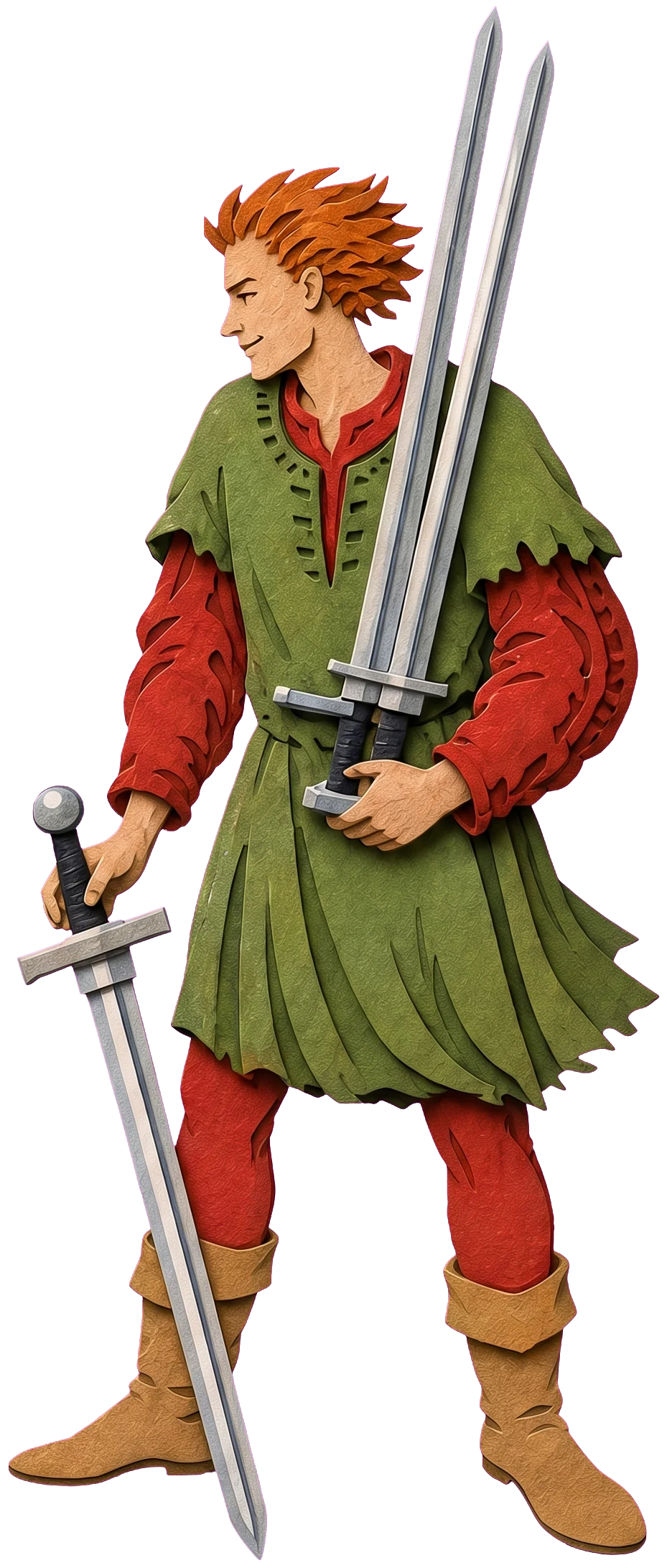 A red haired man in a green tunic smiling over his shoulder, two swords resting against his shoulder