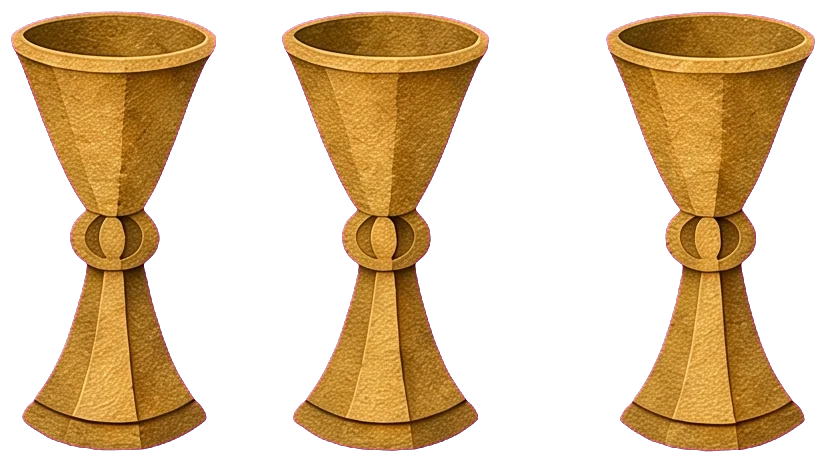 Three golden cups standing in a row on the green grass