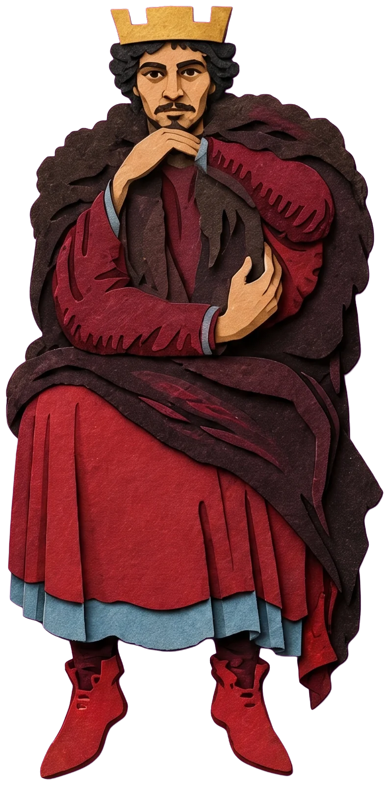 The man's face, dark curly hair and a short beard, chin resting on his hands above the pentacle