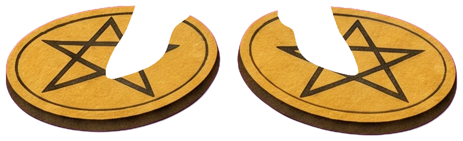 Two golden pentacles lying flat on the floor under the man's red boots