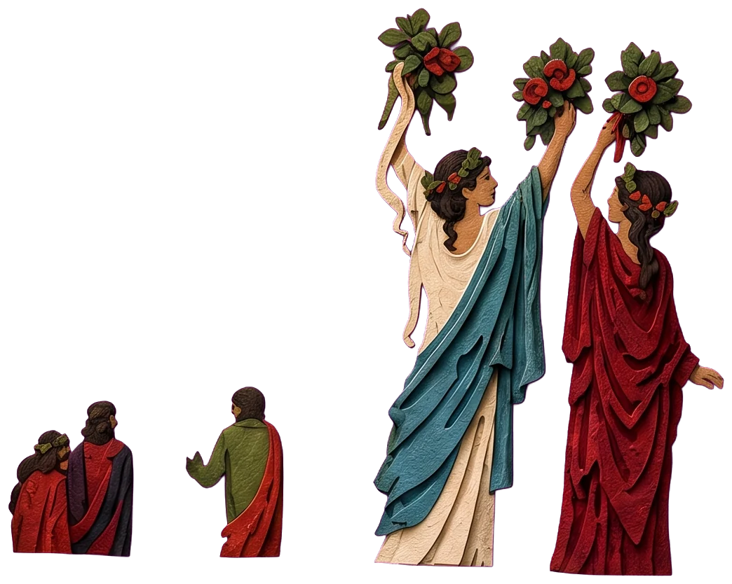 Two women with flowers in their hair, one in white and teal and one in deep red, raising bunches of roses
