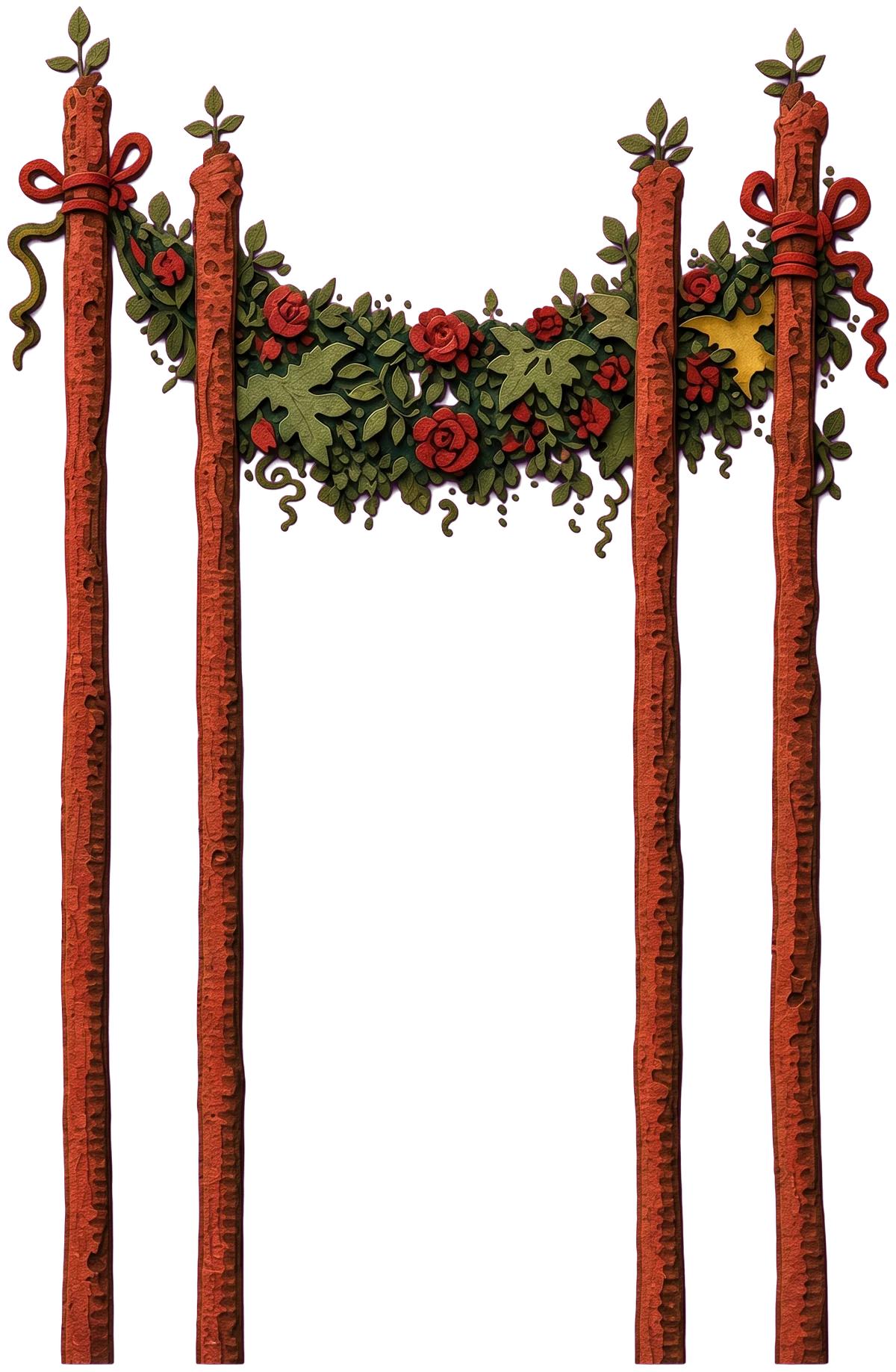 Four tall red-brown wands with a green garland of leaves and red roses hung between them, tied with red ribbons