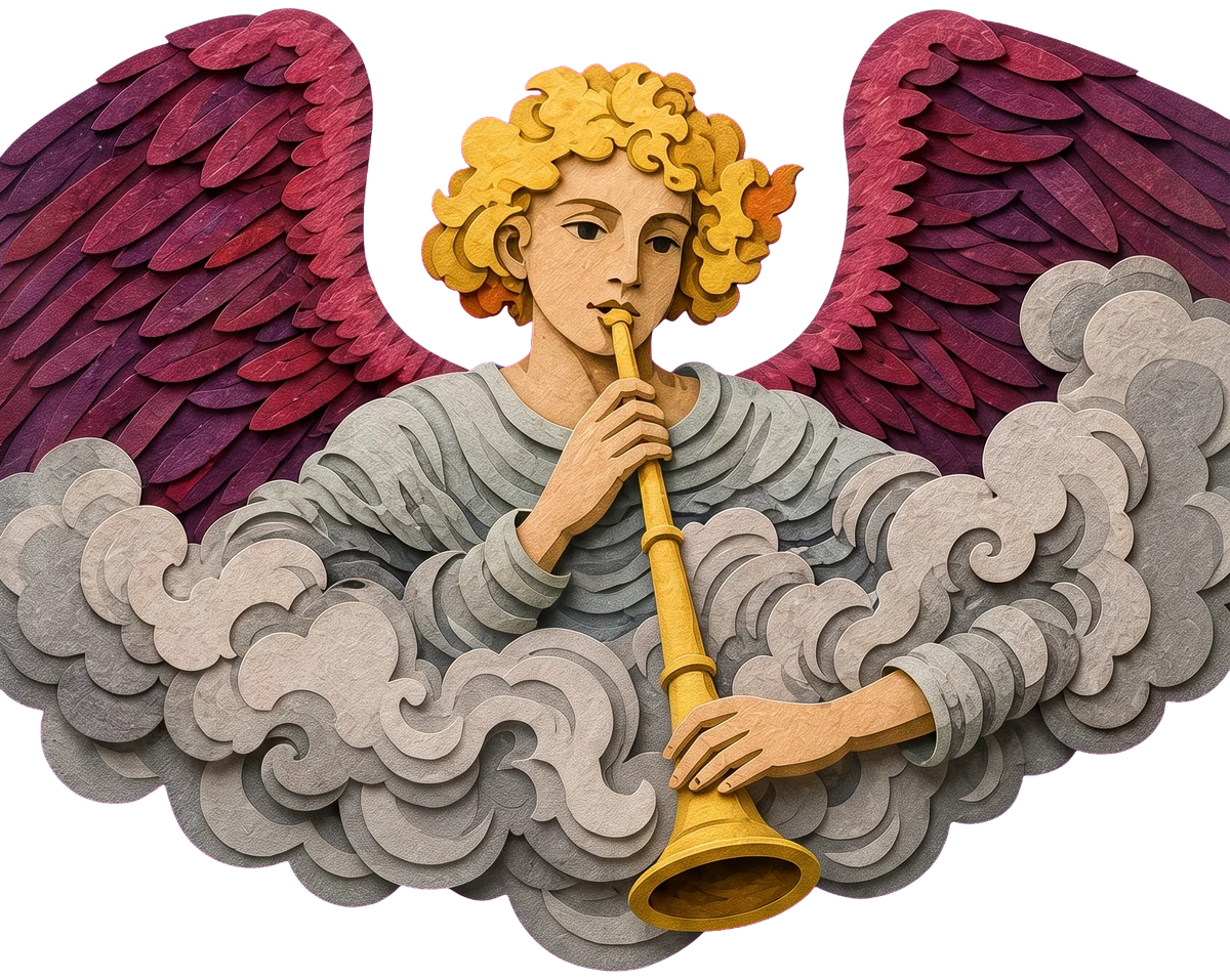 A golden-haired angel with deep red wings, wrapped in grey clouds, blowing a long golden trumpet