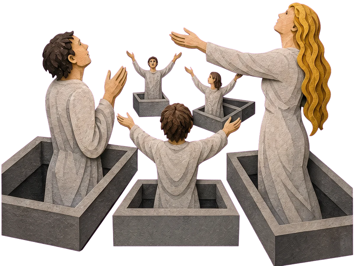 A man and a child seen from behind rise from stone tombs on the water, with two more figures lifting their arms beyond them