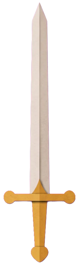 A straight sword held upright in the woman's right hand, its point toward the sky.