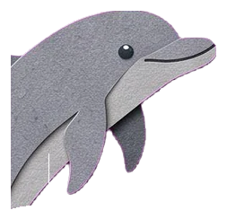 A grey dolphin leaping out of layered green and blue waves beside the throne