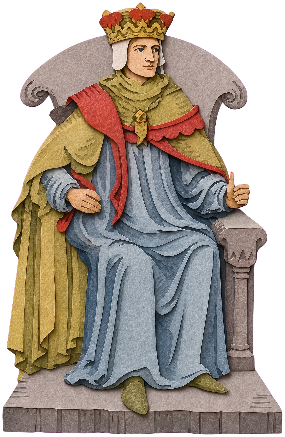 The king's calm face under a gold and red crown, with a white headcloth and an olive cape