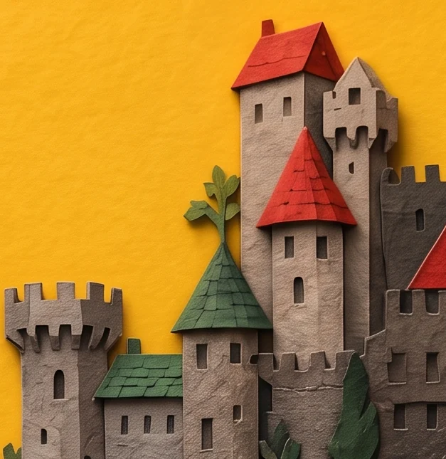 Grey stone towers with red and green pointed roofs rising behind a stone wall on the right of the card