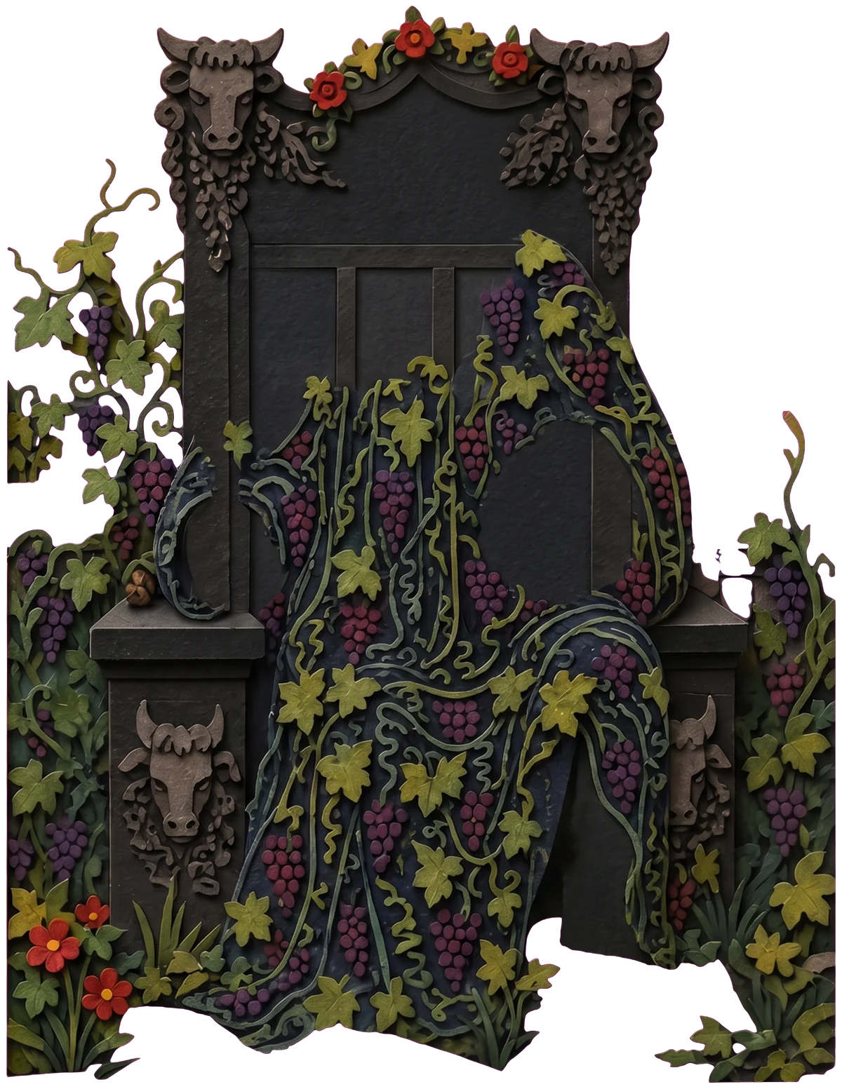 A carved bull's head on the dark stone side of the throne, with red flowers and vines growing in front
