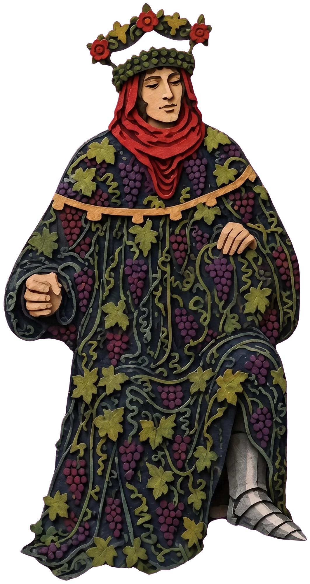A king with a calm face and lowered eyes, in a red hood and a wreath of leaves and red flowers, before a dark throne