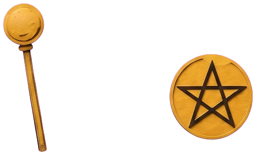 The king's hand holding a gold sceptre with a round top, and his other hand resting on a large gold pentacle