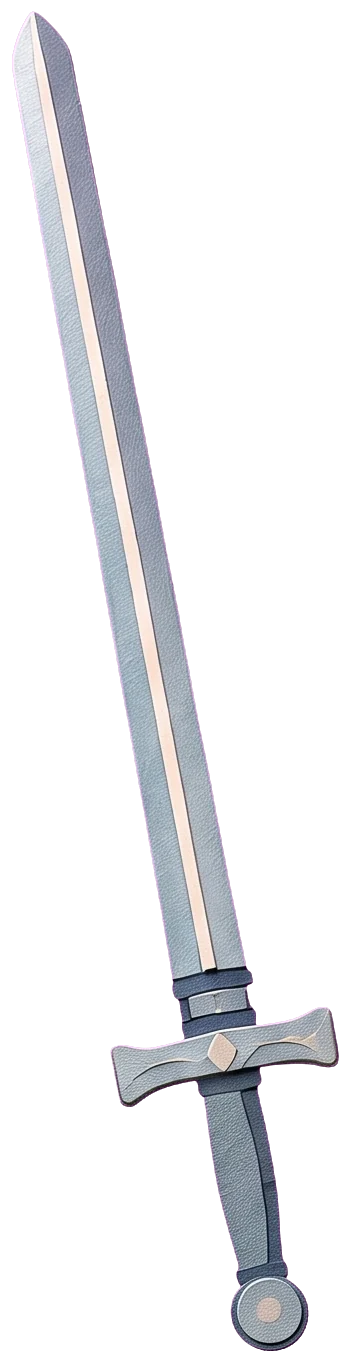 A king's right hand gripping the hilt of a long drawn sword, its blade rising at a slight angle, over a blue robe