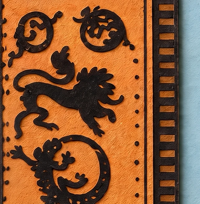 An orange banner behind the throne with black figures of a lion and curled salamander shapes