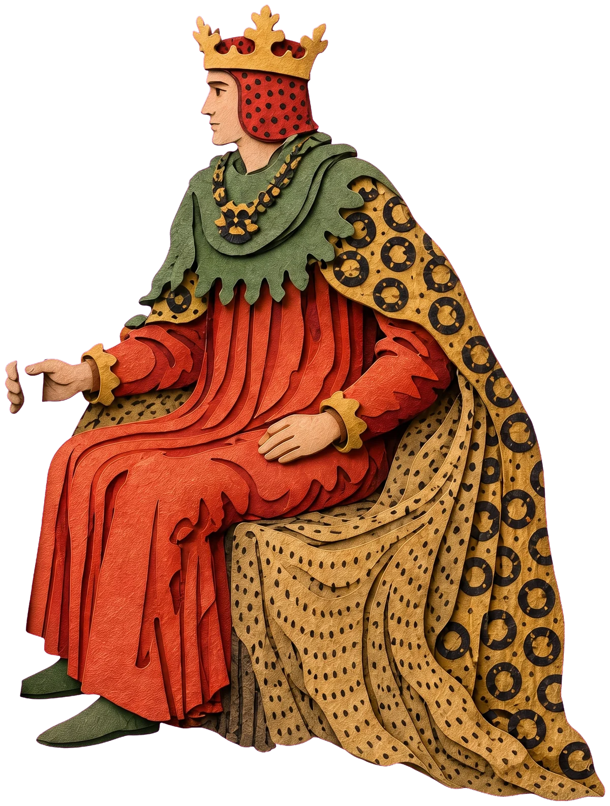The king's profile under a gold crown worn over a red cap with black dots, and a gold chain at his neck
