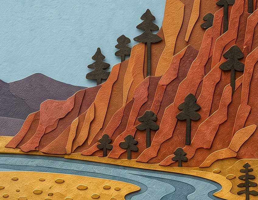 A winding blue river at the foot of red cliffs with dark green trees, beside yellow ground