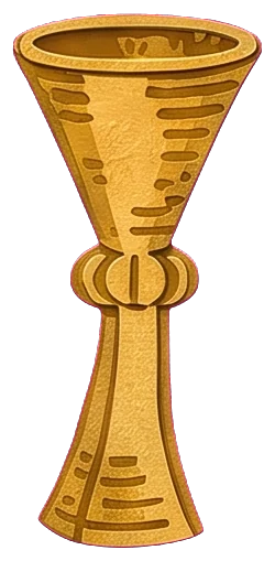 A gold cup held out at arm's length in the knight's hand against a pale blue sky