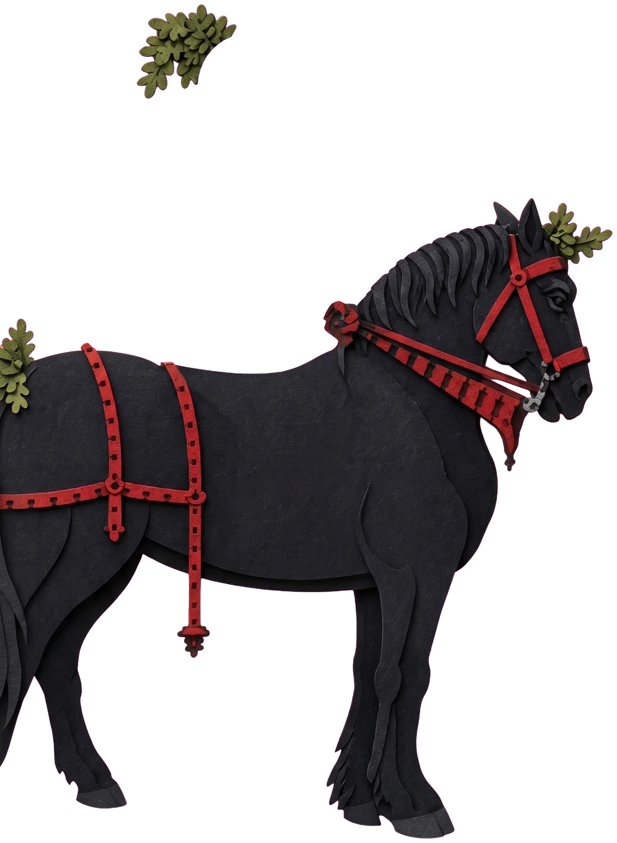 The head of a black horse with a red bridle and a sprig of green leaves between its ears