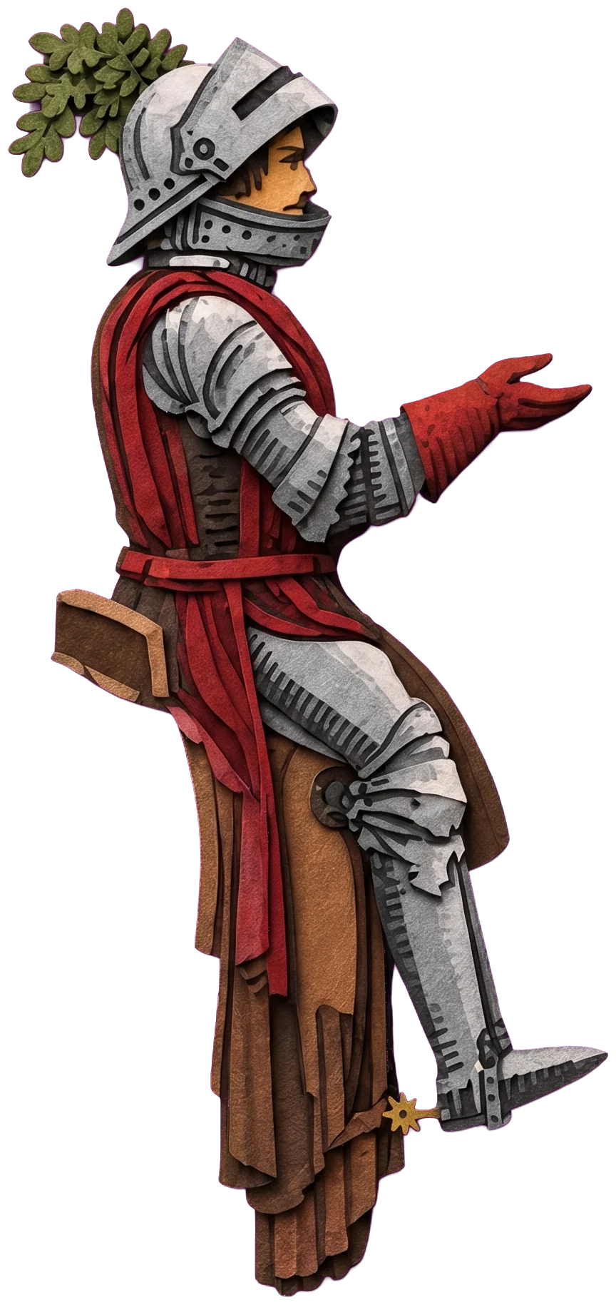 The knight's armoured leg in the stirrup with a gold spur, over a brown saddle cloth and a red sash