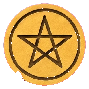 A knight in a silver helmet with a sprig of green leaves holds a gold pentacle on his red-gloved hand and looks straight ahead