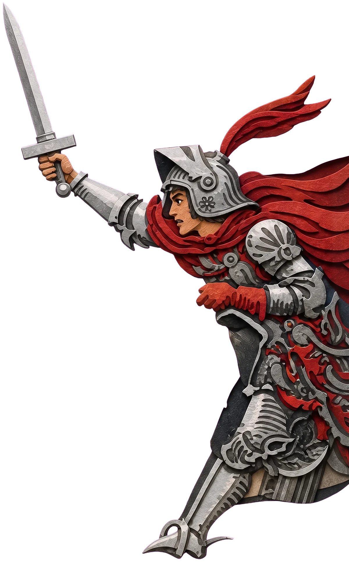 A young knight in a silver helmet and armour, a red cape and red plume streaming behind him, his face set and fierce