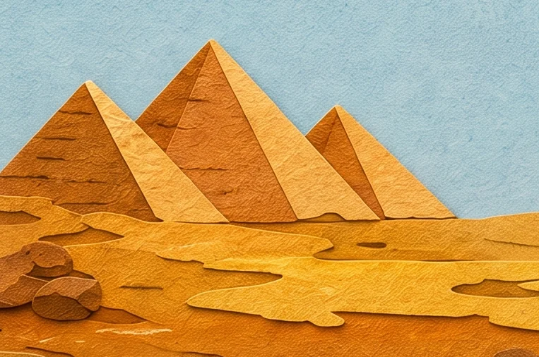 Three golden pyramids standing in yellow desert sand at the bottom left of the card