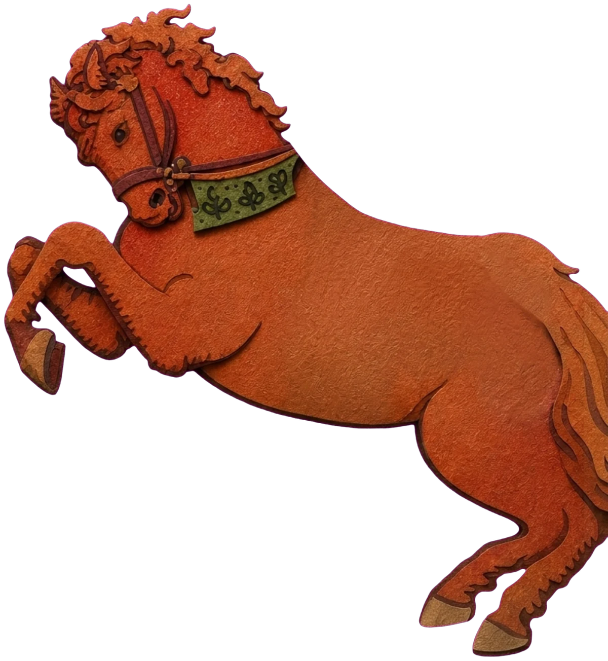 An orange-red horse rearing up with its front legs raised, its mane curling like flames